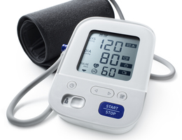 A home blood pressure monitor with an arm cuff