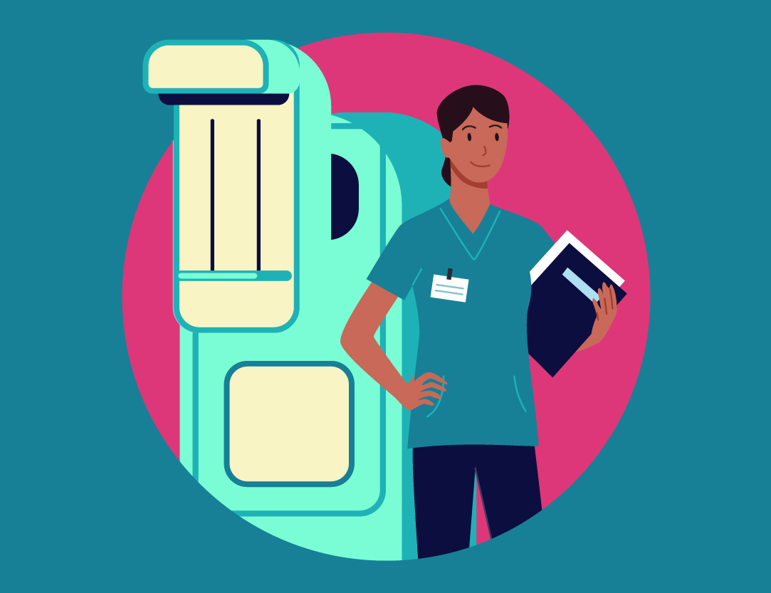 Graphic of physician standing next to a machine.