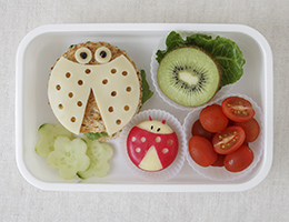 Child’s lunch container with food sliced and decorated to make fun shapes, like ladybugs and flowers. 